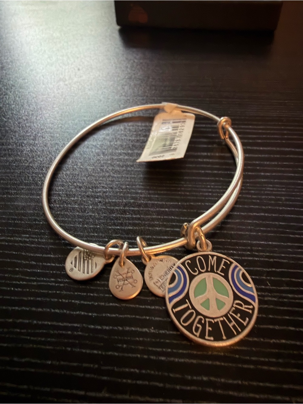 Alex and Ani Silver Tone "Come Together" Charm Bangle with Blue and Green Enamel